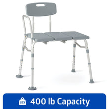 Gray shower chair transfer bench with padded seat and adjustable metal frame