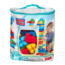 Mega Bloks building bag with clear window showing colorful 80-piece block assortment