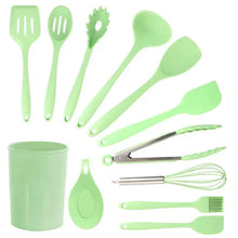 Mint green silicone cooking utensil set, assorted ladles and spatulas with matching tools