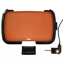 Electric grill with copper-toned plate, removable insert, and temperature control probe