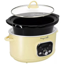 Cream electric slow cooker with clear lid and black inner pot, front control panel