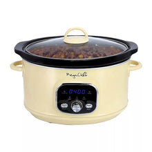 Cream electric slow cooker with black lid and glass viewing top, control panel visible
