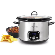 Split electric slow cooker with stainless body, black lid, and front control panel
