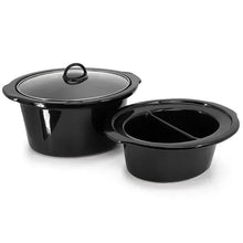 Split electric slow cooker base with two black crocks and glass lid