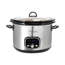 Split electric slow cooker, stainless steel with black lid and side handles