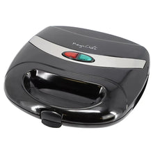 Compact electric sandwich maker in glossy black, open top with control indicator