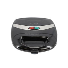 Compact electric sandwich maker in glossy black with indicator light and latch