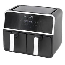 Digital air fryer with top window, dark control screen, and two chrome drawer handles