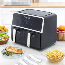 Dual-drawer air fryer on countertop with digital display and two chrome front handles