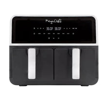 Dual-drawer digital air fryer with dark front panel and chrome drawer handles