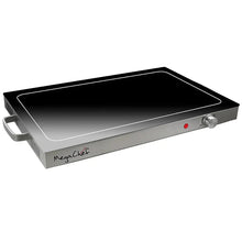 MegaChef electric warming tray with black top, side handles, red indicator light, dial knob