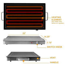Electric warming tray diagram showing heating element, vent, handle, and switch knob