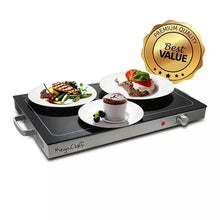 Electric warming tray with plates of food and circular quality badge emblem