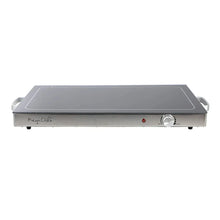 MegaChef electric warming tray, stainless base with black warming surface and control knob