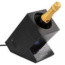 Electric wine chiller with angled top cradle for a champagne bottle, black body