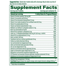 Supplement Facts label for MegaFood prenatal multivitamin, serving size 4 tablets
