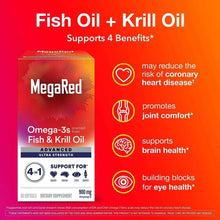 Omega-3 fish & krill oil supplement box with support for four benefits