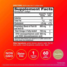 Omega-3 fish & krill oil supplement facts panel with daily amounts and badges