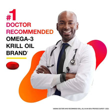 Doctor-recommended omega-3 krill oil softgels promotional card with pill
