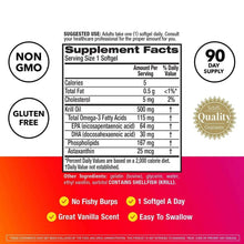 Supplement Facts label panel for krill oil softgels, 90-day supply