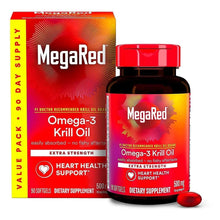Omega-3 krill oil softgels bottle and box, red label, 90-day supply