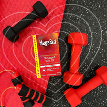 Omega-3 krill oil softgel bottle with red dumbbells, fitness-themed promo
