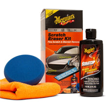 Scratch eraser kit box with blue foam pad, orange cloth, and Meguiar’s bottle