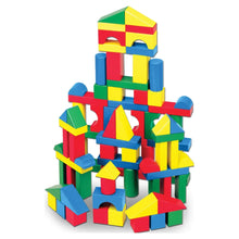 Colorful wooden blocks tower with arches and square posts, kid-assembly play set.