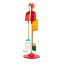 Wooden pretend cleaning set with red mop, broom, dustpan, and stand