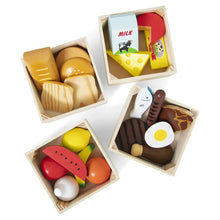 Wooden food groups set with four crates filled with assorted food pieces