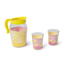 Lemonade pretend play toy pitcher with handle and two patterned cups, yellow and pink
