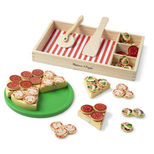 Wooden pizza play set tray with red-and-white striped insert and wooden pizza server