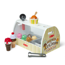 Wooden ice cream counter playset with scoop and serve accessories and pretend toppings