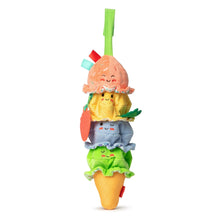 Clip-on ice cream plush toy with peach scoop, stacked layered fabrics, and orange teether