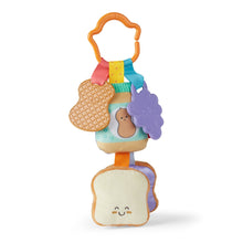 Clip-on sensory infant toy with bread slice, waffle heart, and purple flower textures, orange handle