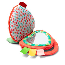 Plush berry teether with red ring, patterned pouch and ribbon tabs