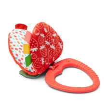 Plush berry with red ring teether and multicolor fabric ribbons