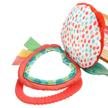 Colorful teether ring with plush berry pouch, green leaf and ribbon tags