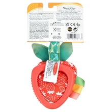 Plush berry teether toy with clip, red berry and green leaves, fabric panel