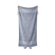 Blue bath sheet set, one sheet with striped border and looped corners