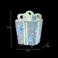Iridescent pre-lit tinsel gift box decor with blue star light accents and ribbon bow