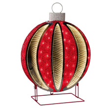 Red and gold LED infinity light ornament ball with hanging loop and metal base