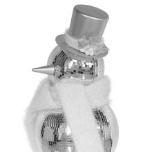 Disco mirror snowman figurine with top hat and white scarf with small snowflake detail