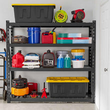 Black and yellow storage tote on shelving with assorted household items