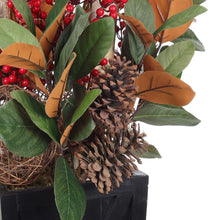 Close-up decorative topiary with pine needles, pinecone, and green leaves in black planter