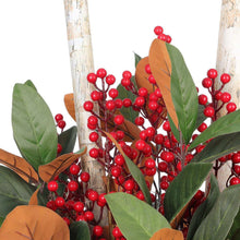 Close-up decorative topiary sprigs with red berry clusters and green and orange leaves