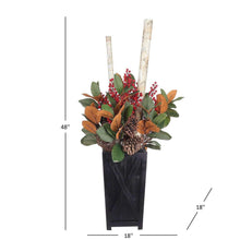 Pre-lit decorative topiary in black planter with red berries, orange leaves, and pine accents