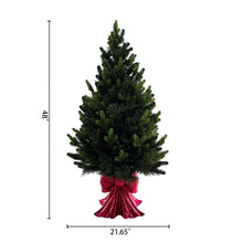 Pre-lit pine topiary, 48 in tall, with red bow and warm lights