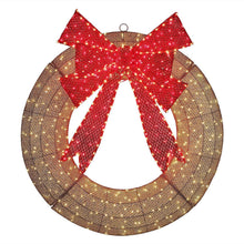 Pre-lit wreath ring with red mesh bow and warm gold lights