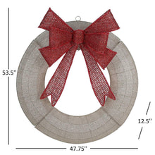 Pre-lit wreath with red bow on glittery gray ring, 47.75 in wide